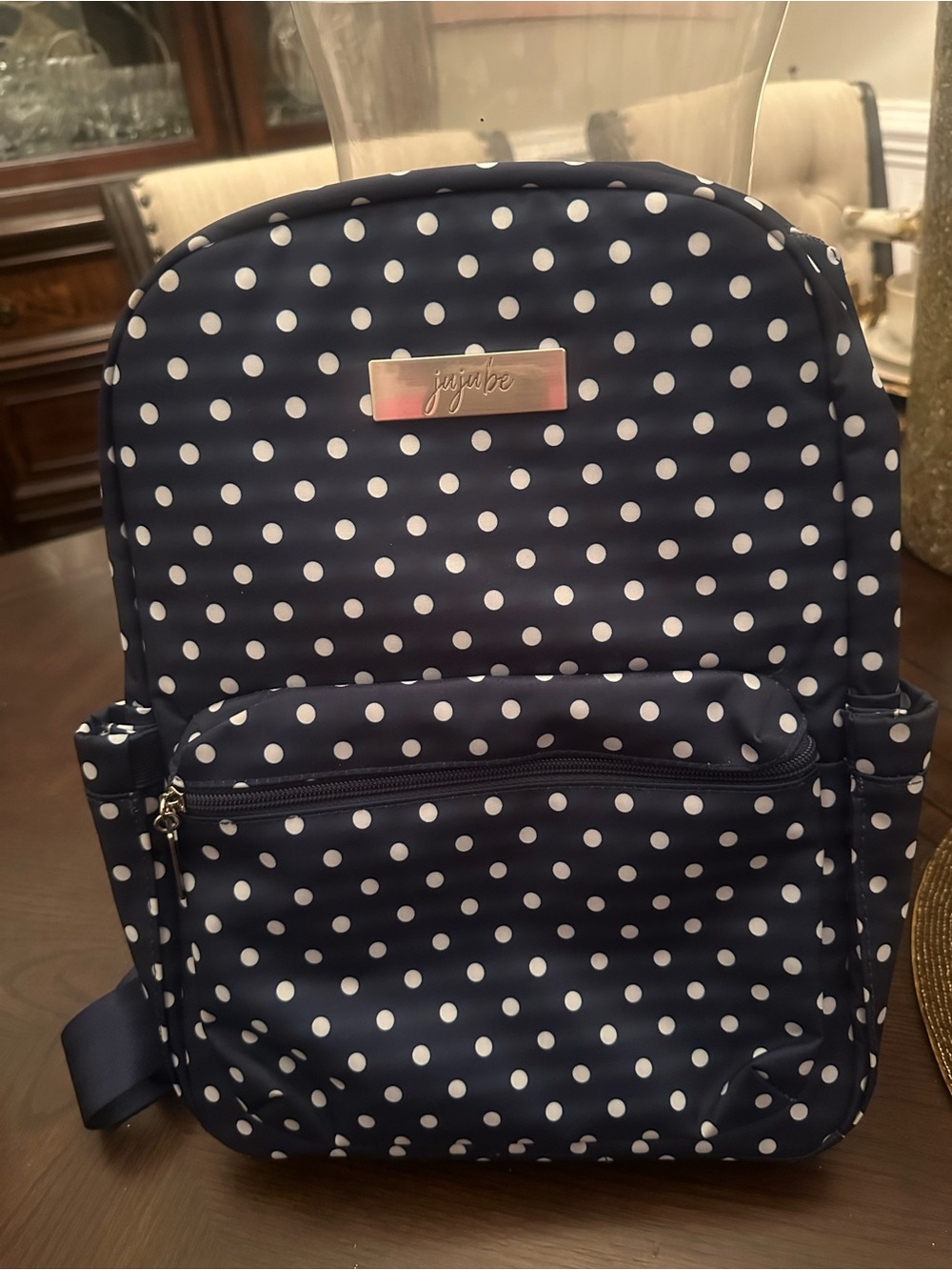 Slightly Worn Women’s Ju-Ju-Be Navy /White Polka Dot Bag with Metal Logo Plate